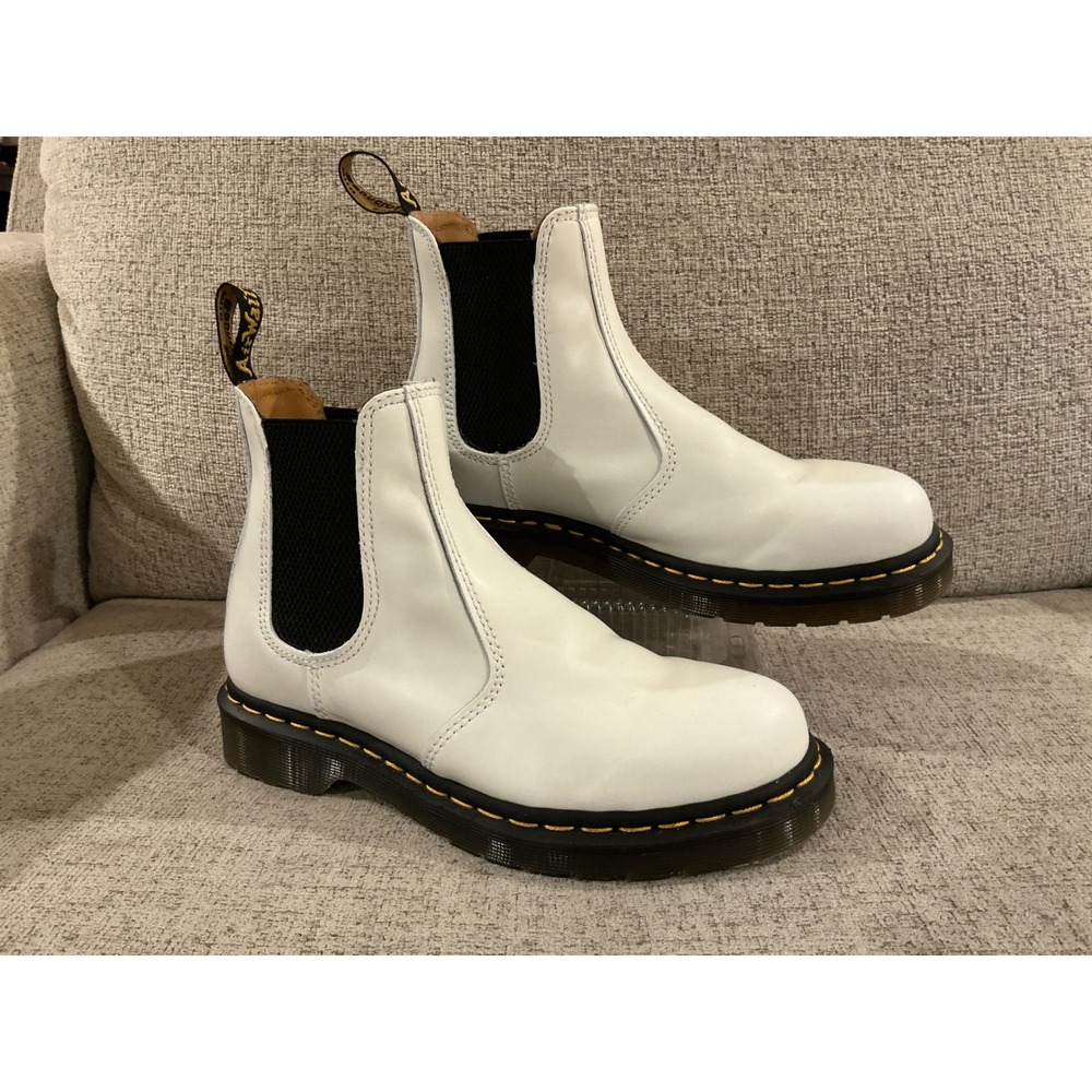Dr. Martens 2976 White SmoothLeather Chelsea Boots Yellow Stitch Mens 6 Womens 7